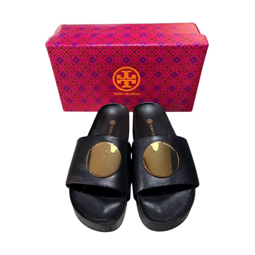 Tory Burch Black Leather Slide Sandals with Gold Medallion